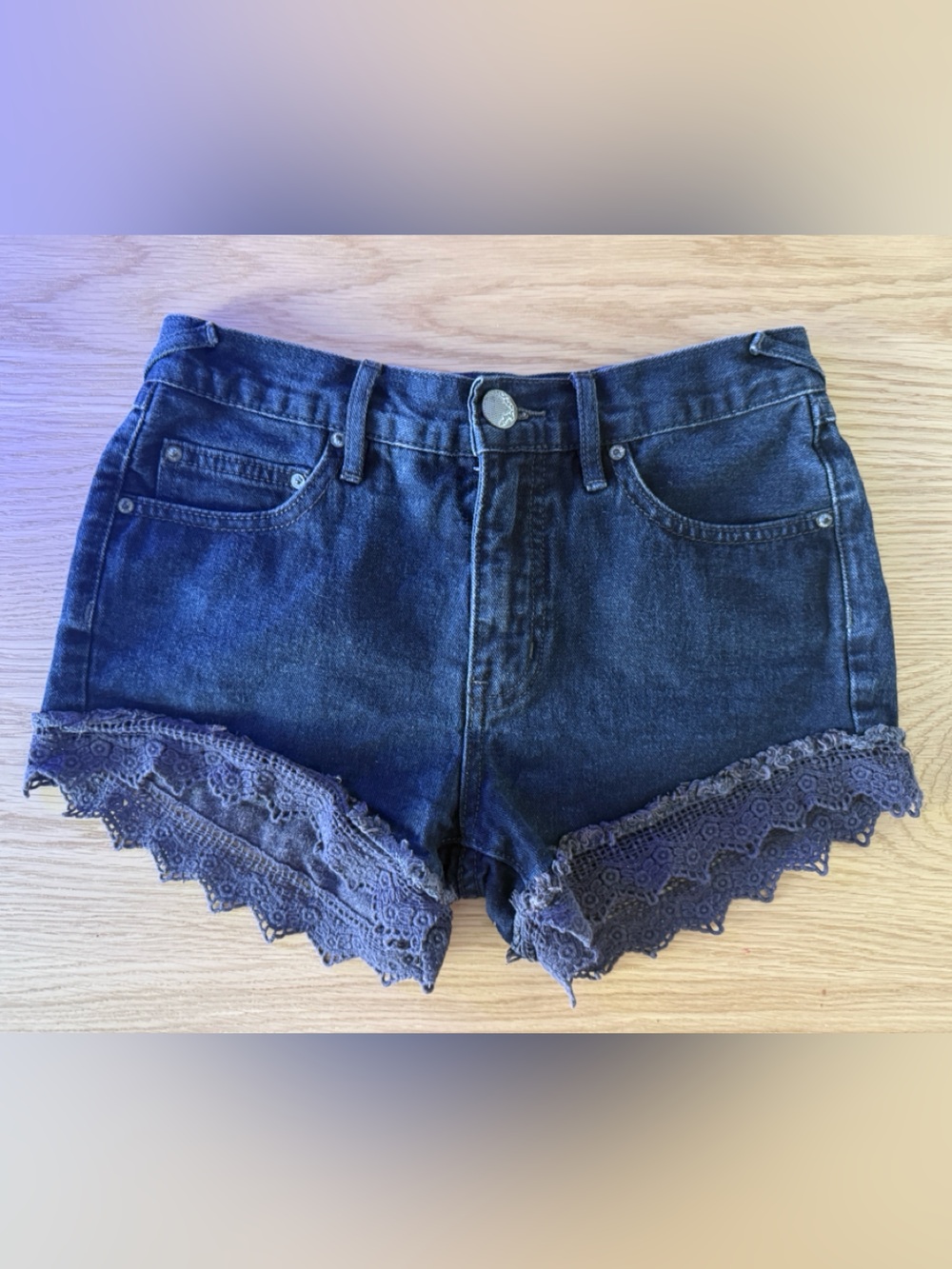 Free People Black Lace Trim Lounge Shorts Boho Jean Shorts Y2K Cottagecore 24